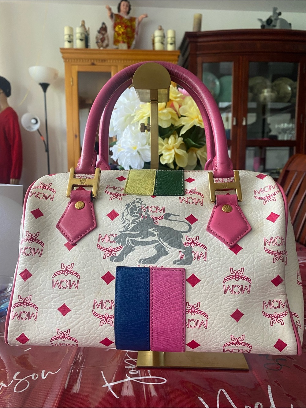 MCM White Leather Satchel with Pink Handles and Blue-Green Accents